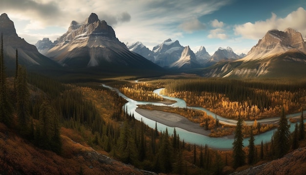 La majestuosa cadena montañosa refleja la IA generativa del tranquilo atardecer otoñal