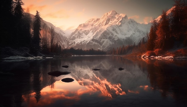 La majestuosa cadena montañosa refleja la tranquila puesta de sol creando una belleza panorámica generada por IA