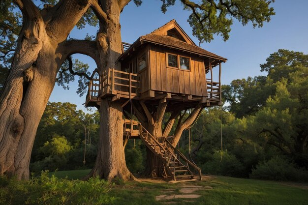 Foto majestuosa casa en el árbol en un bosque exuberante