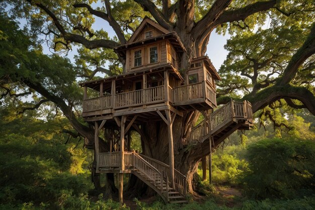 Majestuosa casa en el árbol en un bosque exuberante