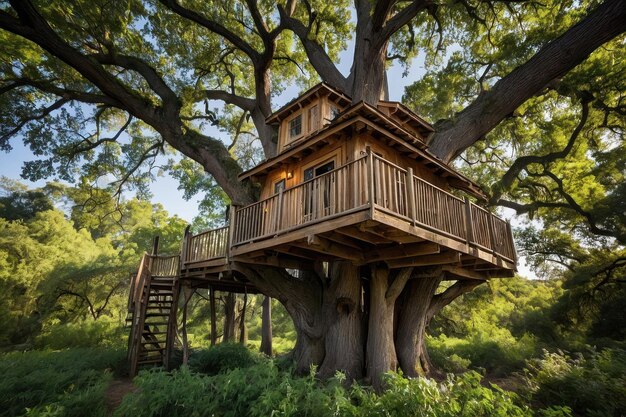 Foto majestuosa casa en el árbol en un bosque exuberante