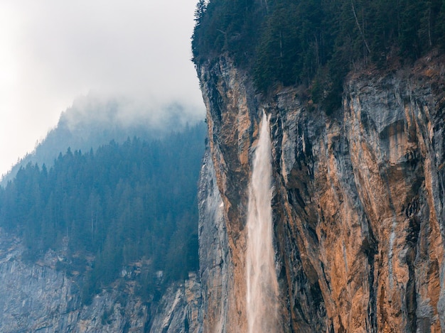 Foto majestuosa cascada y árboles de hoja perenne con niebla cerca de murren en suiza