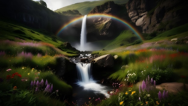 Una majestuosa cascada que cae en cascada por un acantilado rocoso rodeado de exuberante vegetación y un arco iris de vida silvestre