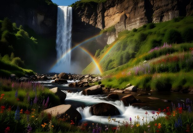 Una majestuosa cascada que cae en cascada por un acantilado rocoso rodeado de exuberante vegetación y un arco iris de vida silvestre