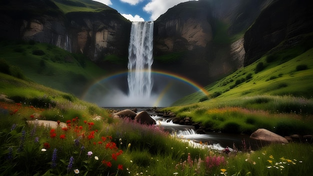 Una majestuosa cascada que cae en cascada por un acantilado rocoso rodeado de exuberante vegetación y un arco iris de vida silvestre