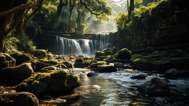 Una majestuosa cascada que cae en cascada por un acantilado rocoso rodeado de exuberante vegetación