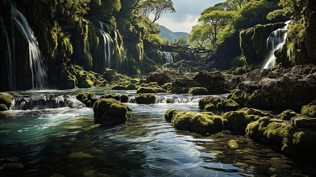 Foto una majestuosa cascada que cae en cascada por un acantilado