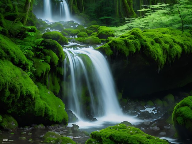 Una majestuosa cascada que cae sobre rocas cubiertas de musgo en un denso bosque