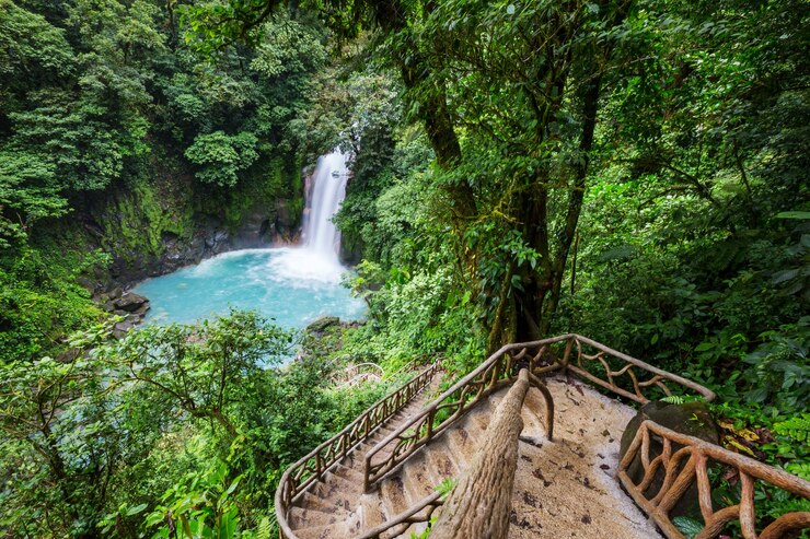 Foto majestuosa cascada en la selva tropical de costa rica.