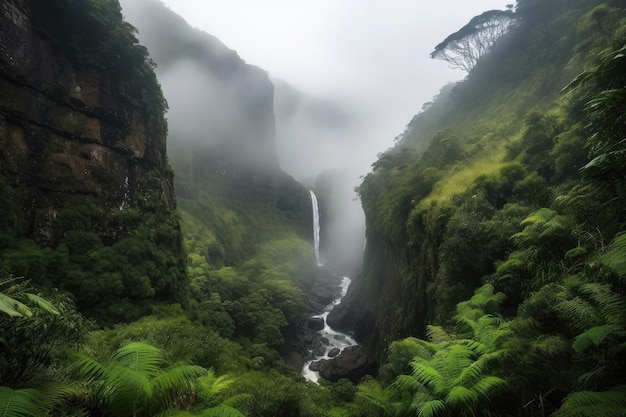 Majestuosa cascada con vista al bosque rodeada de niebla creada con ai generativo