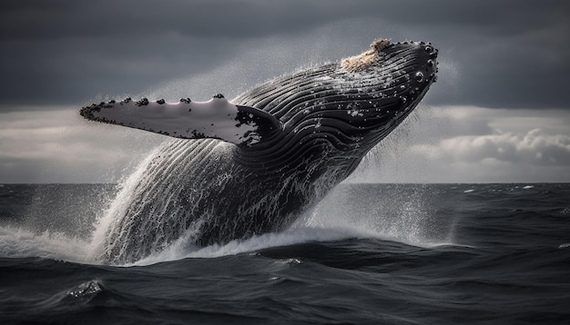 Majestuosa cola de ballena jorobada chapoteando en movimiento generada por IA