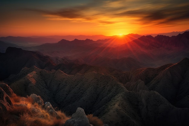 Majestuosa cordillera con ardientes puestas de sol que iluminan los cañones creados con IA generativa