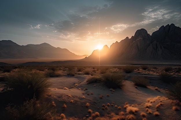 Majestuosa cordillera en el desierto con cielos de amanecer y atardecer