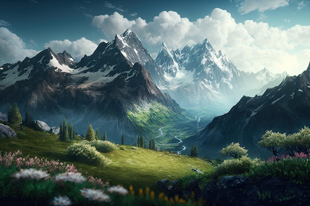 Majestuosa cordillera con una exuberante pradera alpina en primer plano