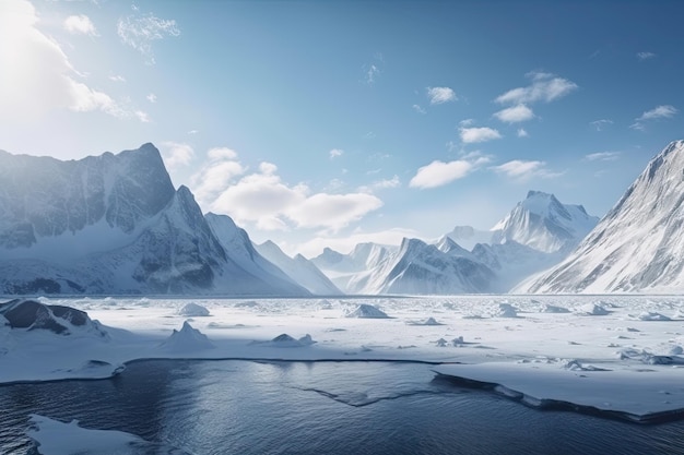 Majestuosa cordillera con fiordo congelado en primer plano