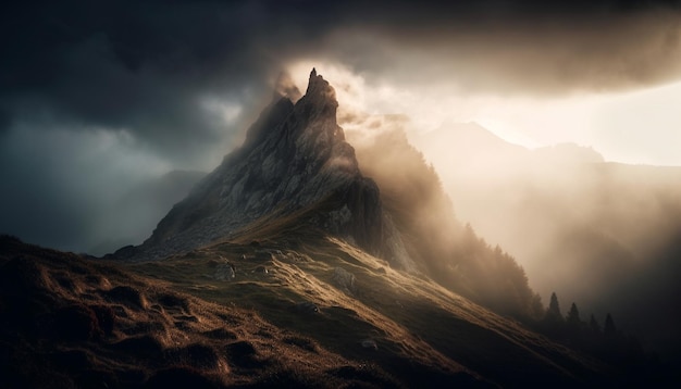 Majestuosa cordillera pradera tranquila cielo cambiante generado por IA