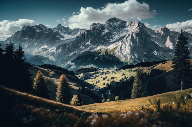 Majestuosa cordillera con prados alpinos en primer plano