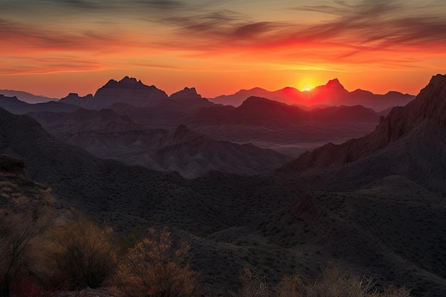 La majestuosa cordillera con las puestas de sol del cañón de fuego en la distancia creada con la ai generativa