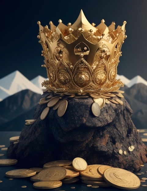 Una majestuosa corona dorada en la cima de una montaña de monedas intrincadamente diseñado con un único y ojo