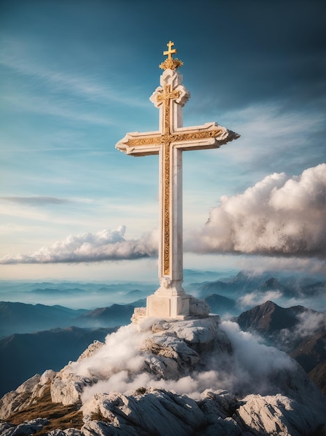 Una majestuosa cruz cristiana elaborada en mármol sobre una montaña rodeada por un mar de nubes.
