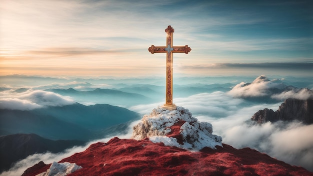 Una majestuosa cruz cristiana elaborada en mármol sobre una montaña rodeada por un mar de nubes.