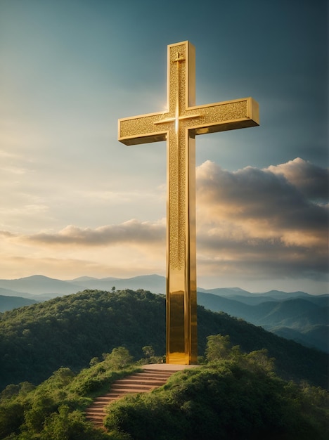 Una majestuosa cruz cristiana elaborada en oro brillante en lo alto de una colina rodeada por un frondoso bosque