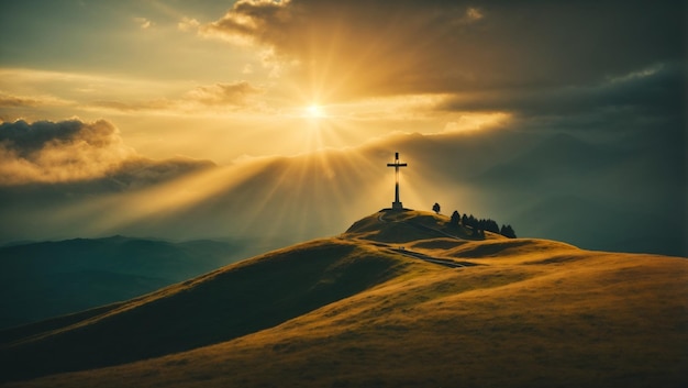 Una majestuosa cruz cristiana situada en lo alto de una colina iluminada por una brillante luz dorada.