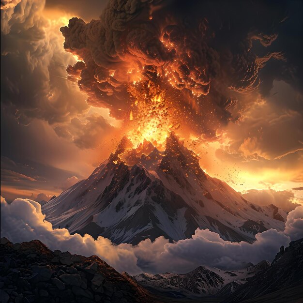 Majestuosa erupción volcánica contra un cielo crepúsculo la furia de la naturaleza desatada en un momento explosivo una poderosa exhibición de la energía de la tierra IA