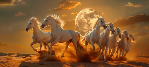 Una majestuosa escena de caballos blancos galopando a través del desierto al atardecer