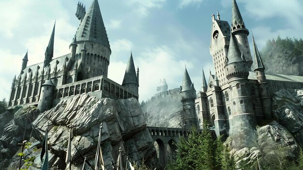 Foto la majestuosa escuela de brujería y magia de hogwarts es un espectáculo para la vista el castillo está enclavado en un acantilado rocoso y rodeado de exuberante vegetación