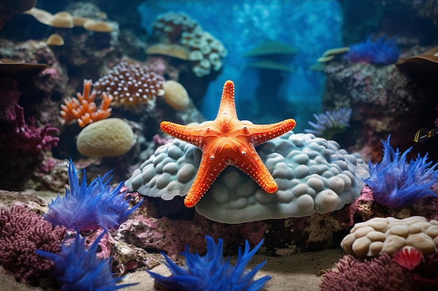 La majestuosa estrella de mar azul descansa en medio del vibrante paisaje de arrecifes de coral Una asombrosa escena submarina