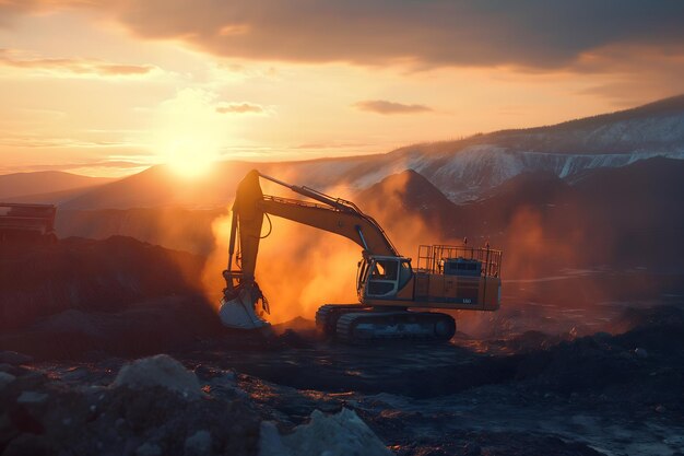 Una majestuosa excavadora trabajando durante una impresionante puesta de sol en un terreno accidentado