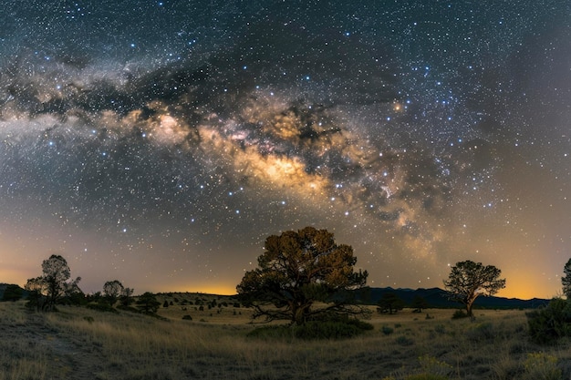La majestuosa galaxia de la Vía Láctea sobre el sereno paisaje nocturno