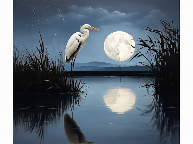 Una majestuosa garza captura la mirada de los espectadores bañada en la suave luz plateada de una noche de luna.
