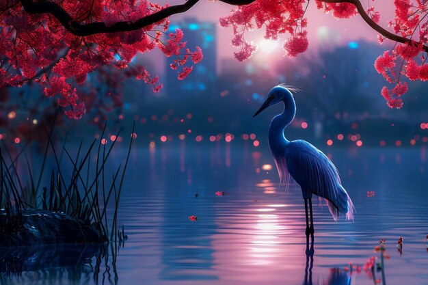 La majestuosa garza de pie en la orilla del lago al crepúsculo con flores de cerezo y agua reflectante