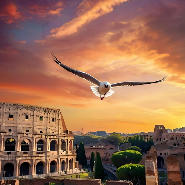 Foto una majestuosa gaviota que se eleva sobre las antiguas ruinas del coliseo en roma generada por la ia