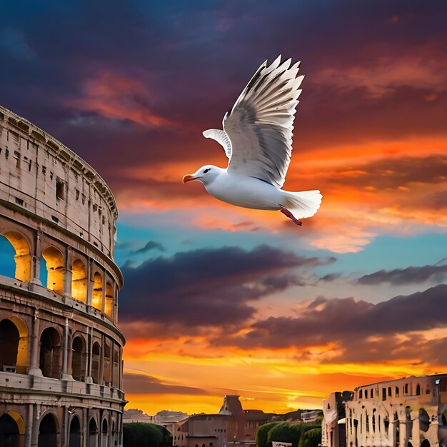 Foto una majestuosa gaviota que se eleva sobre las antiguas ruinas del coliseo en roma generada por la ia