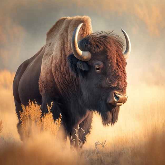 Una majestuosa ilustración de un bisonte o búfalo americano parado en las llanuras ai generativo