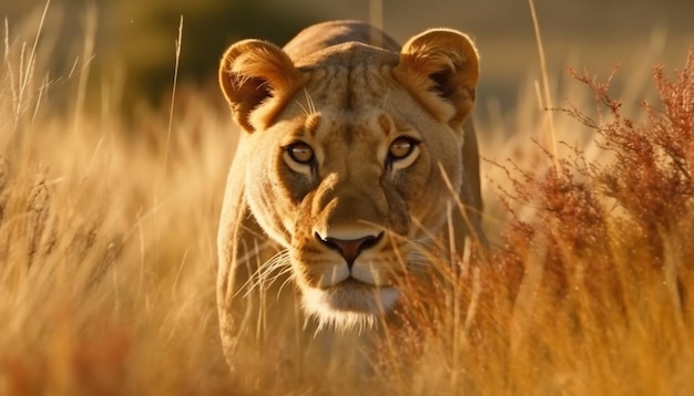 Majestuosa leona caminando en la puesta de sol del desierto africano generada por IA