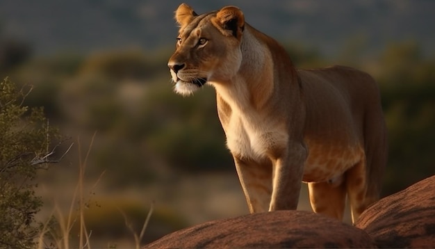 Majestuosa leona en el desierto africano al atardecer generada por IA