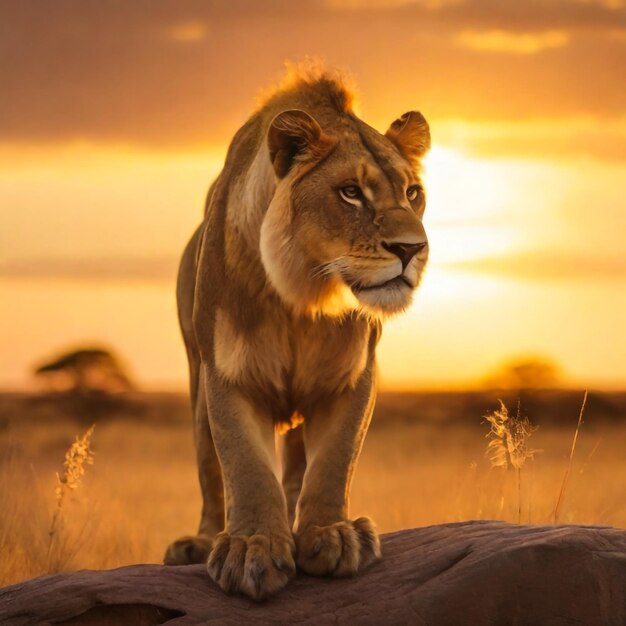 Una majestuosa leona observa su vasto reino de la sabana su melena dorada brillando en la puesta de sol