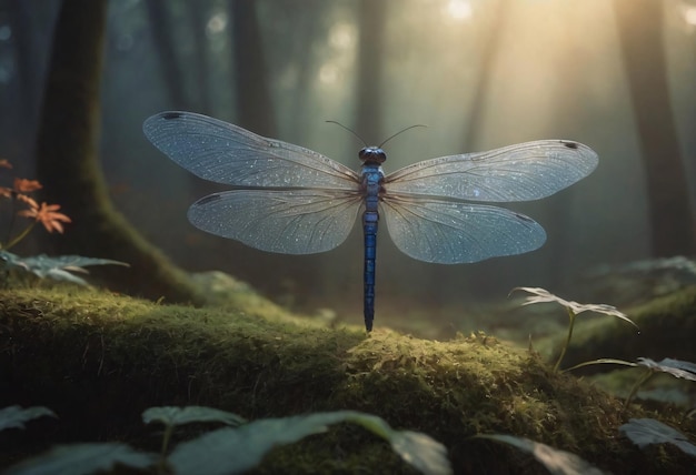 La majestuosa libélula azul se alza sobre un tronco de musgo en un bosque iluminado por el sol