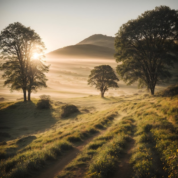 Majestuosa luz del sol de la mañana sobre el paisaje