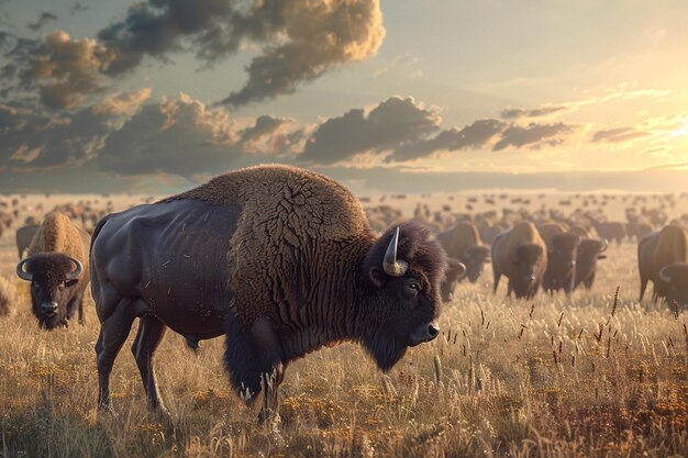Una majestuosa manada de búfalos pastando en las llanuras