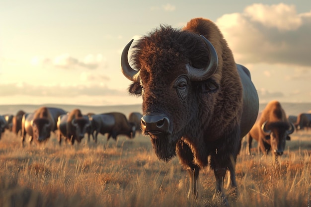 Una majestuosa manada de búfalos pastando en las llanuras