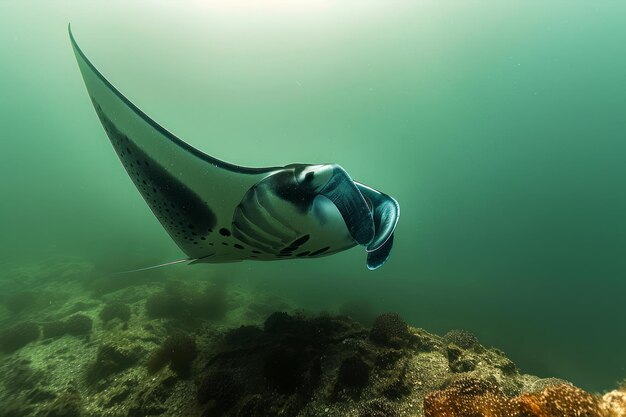 Foto la majestuosa manta ray se desliza sobre el arrecife de coral en las soleadas aguas tropicales del océano