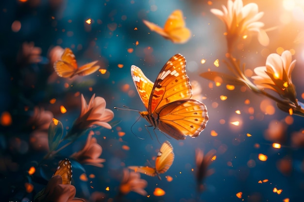 La majestuosa mariposa naranja aterrizando en las flores con un fondo de luz Bokeh brillante