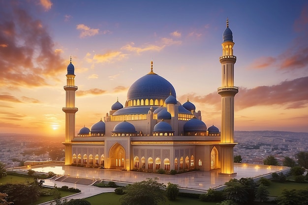 Foto una majestuosa mezquita con iluminación dorada y una fascinante puesta de sol detrás de ella