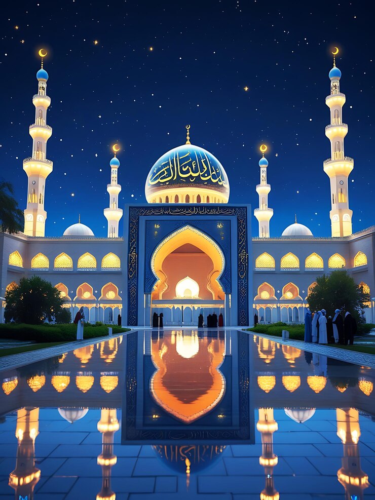 Una majestuosa mezquita situada contra un cielo nocturno azul oscuro en la famosa mezquita