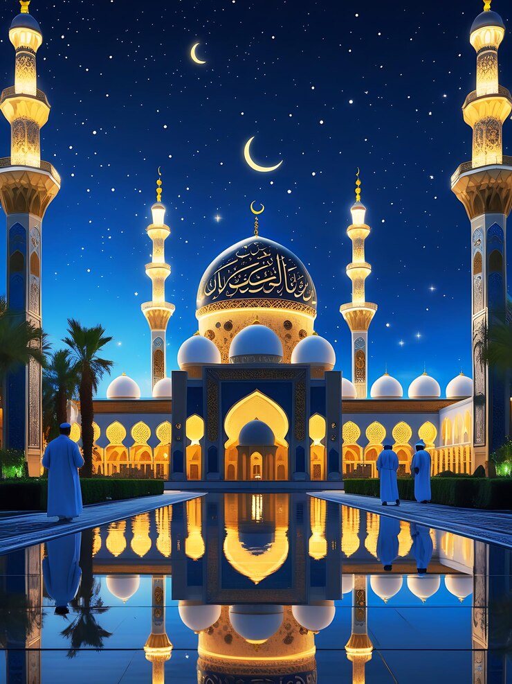Una majestuosa mezquita situada contra un cielo nocturno azul oscuro en la famosa mezquita